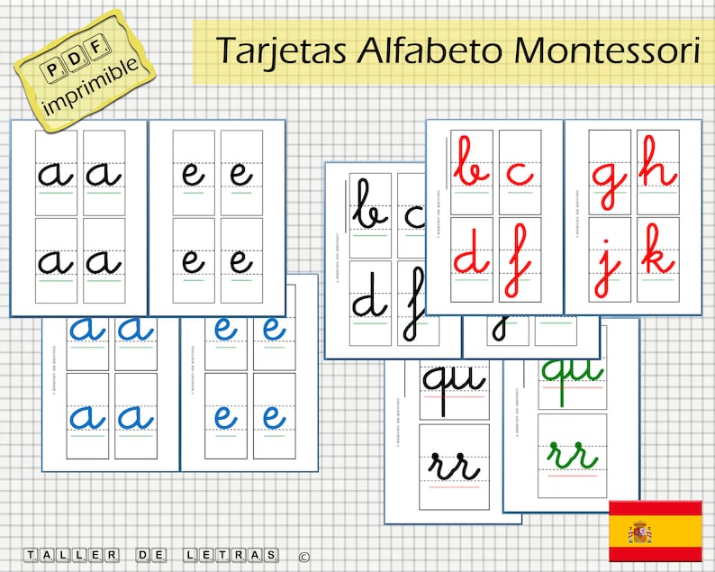 Puede incluir: Tarjetas de alfabeto Montessori imprimibles con letras min&uacute;sculas en cursiva. Las letras est&aacute;n escritas en diferentes colores, incluyendo azul, verde y rojo. Las tarjetas est&aacute;n etiquetadas como "Tarjetas Alfabeto Montessori" y "PDF imprimible".