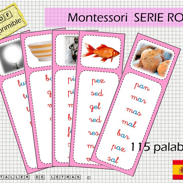 Spanish Reading Lists Pink Serie Montessori, CVC - CVV - VCV words, Learn to read Spanish, Phonetic Word Lists, cursive.