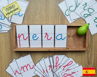Tarjetas alfabeto movil Montessori español. Tarjetas abecedario movil para imprimir en varios tamaños. Letra Cursiva.