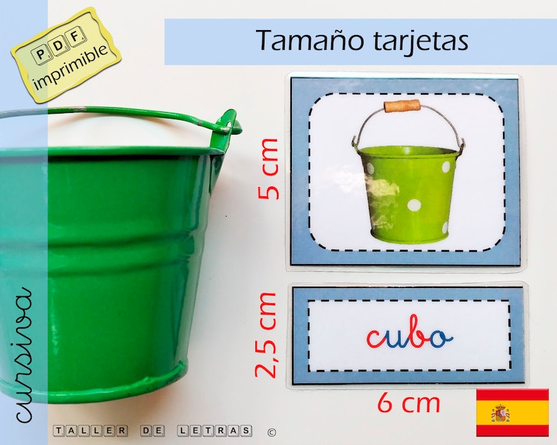 May include: A printable PDF template for creating flashcards with a green bucket with white polka dots and the Spanish word "cubo" (meaning "cube") in red and blue lettering. The cards are 2.5 inches by 5 inches and 6 inches wide.