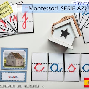 May include: Montessori Spanish alphabet cards for learning the letter "c" with a blue and red color scheme. The cards feature a picture of a house, the word "casa" and the letter "c" written in cursive. The cards are part of a larger set of Montessori materials.