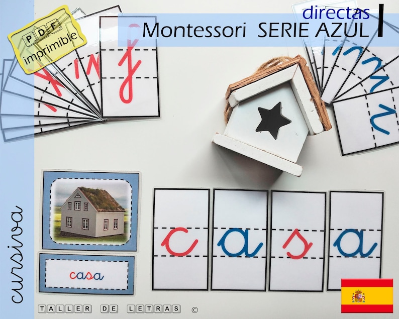 May include: Montessori Spanish alphabet cards for learning the letter "c" with a blue and red color scheme. The cards feature a picture of a house, the word "casa" and the letter "c" written in cursive. The cards are part of a larger set of Montessori materials.