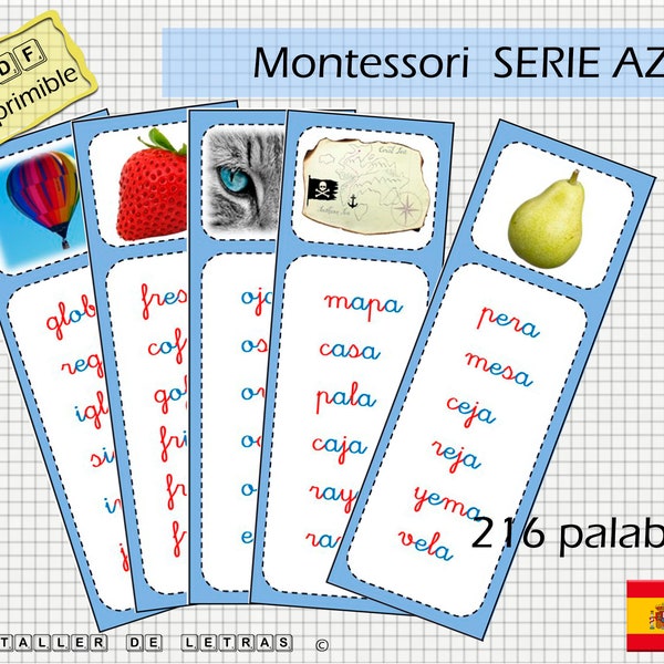 Listas de Lectura Serie Azul Montessori en español, Palabras formadas por sílabas directas, inversas y trabadas, Aprender a leer español.