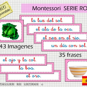 Frases Serie Rosa Montessori en español, Tarjetas Frases Serie Rosa Montessori, Aprender a leer español, cursiva.