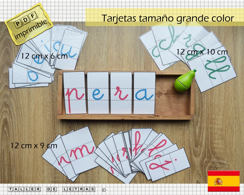 Puede incluir: Tarjetas de alfabeto espa&ntilde;ol imprimibles en tres tama&ntilde;os: 12 cm por 6 cm, 12 cm por 9 cm y 12 cm por 10 cm. Las tarjetas presentan letras cursivas en rojo, azul y verde. El texto "PDF imprimible" y "Taller de Letras" es visible en las tarjetas.