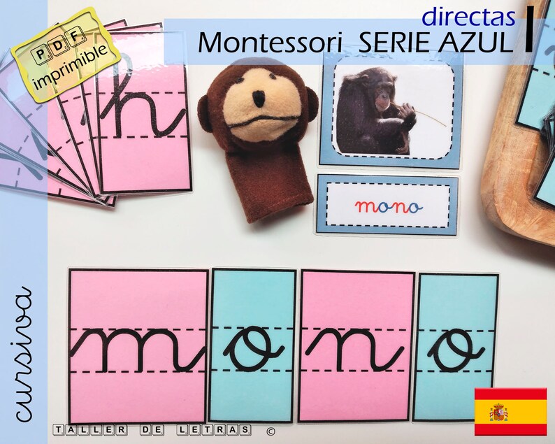 May include: A set of printable Montessori cards for learning the Spanish word "mono" (monkey). The cards feature a picture of a monkey, the word "mono" written in cursive, and the letters "m", "o", "n", and "o" written in cursive on separate cards. The cards are designed for use with the Montessori "Serie Azul" curriculum.
