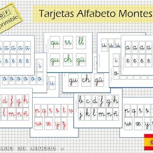 Puede incluir: Tarjetas de alfabeto Montessori imprimibles en espa&ntilde;ol. Las tarjetas presentan las letras del alfabeto en escritura cursiva, con cada letra repetida seis veces en una tarjeta. Las tarjetas est&aacute;n organizadas por grupos de letras, con algunas tarjetas que presentan d&iacute;grafos como "ch" y "ll".