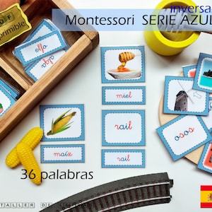 Tarjetas Serie Azul II Montessori en español, Sílabas inversas, Aprender a leer en español, 36 Palabras bisílabas inversas