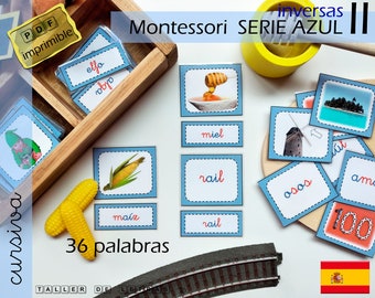 Spanish Montessori Blue Series Language Cards II, Matching Cards II,  Inverse syllables, Learn to read in Spanish, 36 Phonetic Words.