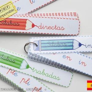 Llavero silábico en español, Juego de tarjetas silábicas para aprender a leer español, letra cursiva.