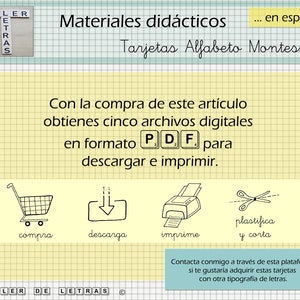 Puede incluir: Un fondo de cuadr&iacute;cula amarillo y blanco con un encabezado azul claro que dice "Taller de Letras" en texto negro. El encabezado est&aacute; sobre un fondo de cuadr&iacute;cula amarillo y blanco con el texto "Materiales did&aacute;cticos... en espa&ntilde;ol" en texto negro. Debajo del texto est&aacute; el texto "Tarjetas Alfabeto Montessori" en texto negro. Debajo del texto est&aacute; un fondo de cuadr&iacute;cula amarillo y blanco con el texto "Con la compra de este art&iacute;culo obtienes cinco archivos digitales en formato PDF para descargar e imprimir." en texto negro. Debajo del texto hay cuatro iconos: un carrito de compras, una flecha de descarga, una impresora y un par de tijeras. Debajo de los iconos est&aacute; el texto "compra", "descarga", "imprime" y "plastifica y corta" en texto negro. Debajo de los iconos est&aacute; el texto "Contacta conmigo a trav&eacute;s de esta plataforma si te gustaria adquirir estas tarjetas con otra tipografia de letras." en texto negro. Debajo del texto est&aacute; el texto "TALLER DE LETRAS" en texto negro.