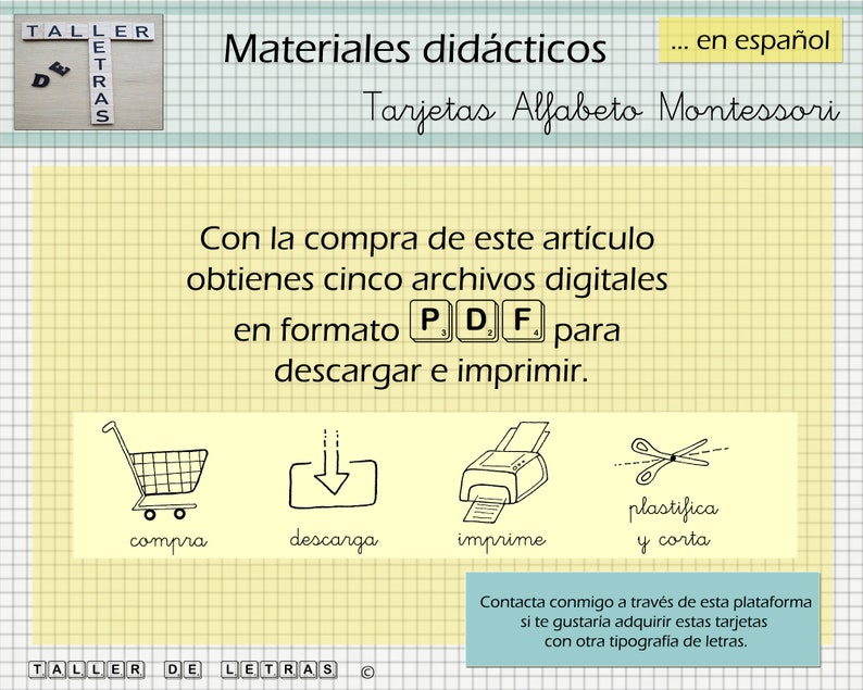 Puede incluir: Un fondo de cuadr&iacute;cula amarillo y blanco con un encabezado azul claro que dice "Taller de Letras" en texto negro. El encabezado est&aacute; sobre un fondo de cuadr&iacute;cula amarillo y blanco con el texto "Materiales did&aacute;cticos... en espa&ntilde;ol" en texto negro. Debajo del texto est&aacute; el texto "Tarjetas Alfabeto Montessori" en texto negro. Debajo del texto est&aacute; un fondo de cuadr&iacute;cula amarillo y blanco con el texto "Con la compra de este art&iacute;culo obtienes cinco archivos digitales en formato PDF para descargar e imprimir." en texto negro. Debajo del texto hay cuatro iconos: un carrito de compras, una flecha de descarga, una impresora y un par de tijeras. Debajo de los iconos est&aacute; el texto "compra", "descarga", "imprime" y "plastifica y corta" en texto negro. Debajo de los iconos est&aacute; el texto "Contacta conmigo a trav&eacute;s de esta plataforma si te gustaria adquirir estas tarjetas con otra tipografia de letras." en texto negro. Debajo del texto est&aacute; el texto "TALLER DE LETRAS" en texto negro.