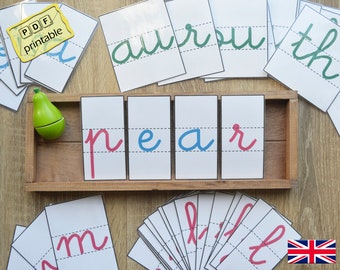 Montessori Movable Alphabet in English, Cursive Alphabet Letter Cards in English, Lowercase Alphabet, large and small Alphabet sizes.