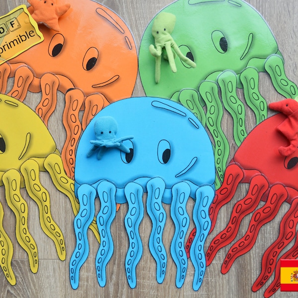 Medusas de colores en español, aprendemos colores y números, Material imprimible, Material didáctico para niños, juego de asociación.