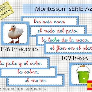 Série Frases Azul Montessori en español, Tarjetas Série Frases Azul Montessori, Aprender a leer español, cursiva.