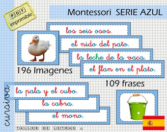 Spanish Phrases Blue Serie Montessori, Learn to read Spanish, Phonics Phrase Reading Cards, cursive.