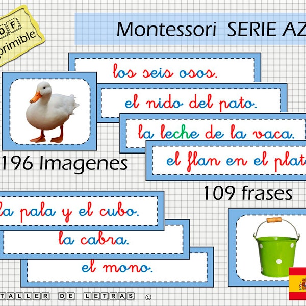 Spanish Phrases Blue Serie Montessori, Learn to read Spanish, Phonics Phrase Reading Cards, cursive.