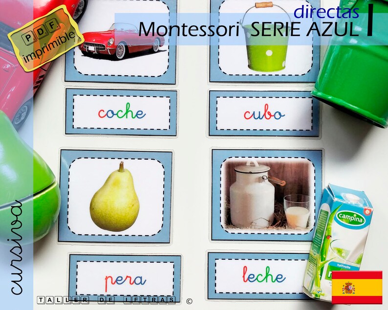 May include: Montessori learning cards with pictures of a car, a bucket, a pear, and a milk jug. The cards have the Spanish words "coche", "cubo", "pera", and "leche" written on them. The cards are part of a "Serie Azul" set.