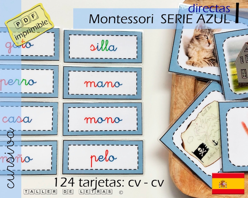 May include: A set of 124 blue and white Montessori flash cards with Spanish words printed in red, green, and blue. The words include "silla", "perro", "mano", "casa", "mono", "ra&ntilde;o", and "pelo". The cards are labeled "124 tarjetas: cv - cv" and "Taller de Letras".