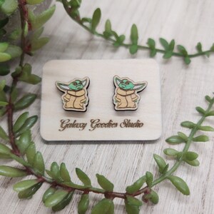 Wooden Hand-painted Grogu Stud Earrings