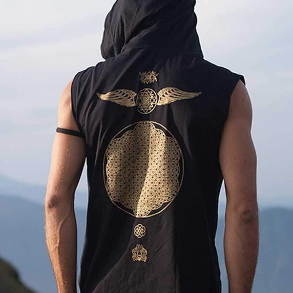 Crystal Infused Sleeveless Hoodie T-shirt - Seed of Life Sri Yantra Sacred Geometry Eco-fashion Festival Clothing Seed of Creation