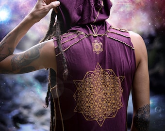 Crystal Infused Sleeveless Hooded T Shirt - Merkaba, Metatron Sacred Geometry Eco-Fashion Festival Clothing Crystal Infused Seed of Creation