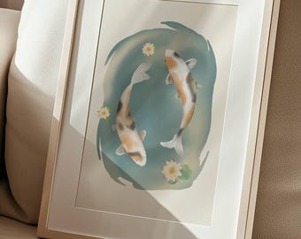 Koi Fish Watercolor Art Print – Zen Yin Yang Wall Decor (Digital Download)