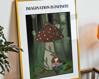 Fantasy Mushroom Reading Nook Print, Whimsical Kids Wall Art (Digital Download)