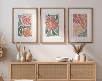Boho Floral Wall Art Set of 3, Abstract Botanical Prints, Neutral Scandinavian Gallery Wall (Digital Download)