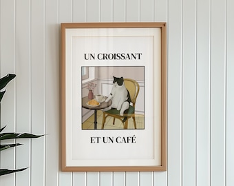 Cat café print – black & white cat with croissant and coffee illustration, digital wall art, kitchen decor gift