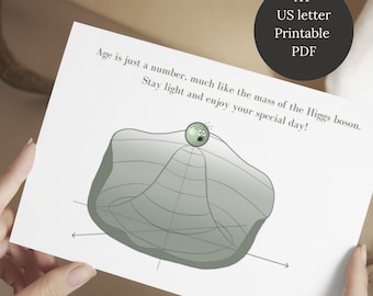 Particle physics printable birthday card, quantum physics, Higgs boson, Hand-drawn, A4 & US Letter, 4 card sizes