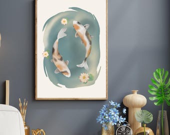 Koi Fish Watercolor Art Print – Zen Yin Yang Wall Decor (Digital Download)