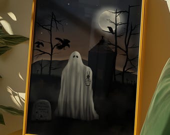 Ghost graveyard art print, spooky Halloween wall art