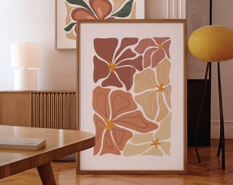 Boho Abstract Flowers Print, Terracotta Floral Wall Art (Digital Download)