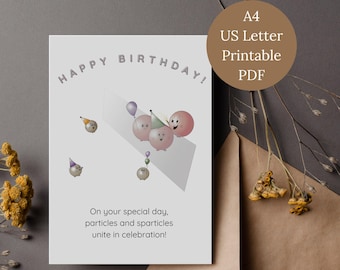 Particle physics printable birthday card, particles and sparticles, Supersymmetry, quantum physics,  A4 & US Letter, 4 card variations