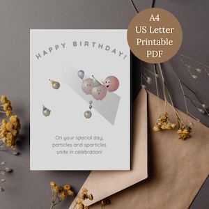 Tarjeta de cumpleaños imprimible / Física de partículas / Partículas y espartículas / Supersimetría / Tamaños A4 y Carta EE. UU. / Variaciones de tarjetas 2x4