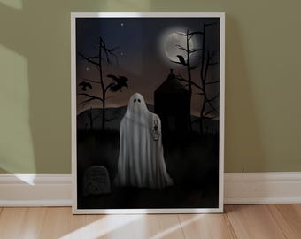 Gothic Ghost Graveyard Print, Spooky Halloween Wall Art (Digital Download)