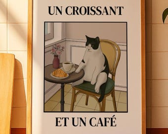 Cat Café Print – Black and White Cat, Croissant, Coffee Illustration (Digital Download)