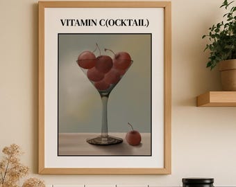 Vitamin C Cocktail Print, Martini Glass Cherry Art, Modern Kitchen Wall Decor (Digital Download)