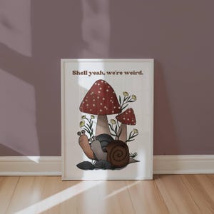 Funny snail wall art, quirky mushroom poster, retro cottagecore decor,animal illustration, weird cute art print, unique gift for friends