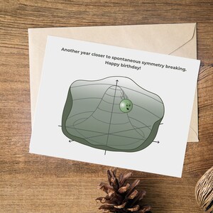 May include: A birthday card with a scientific theme. The card features a diagram with a green sphere and the text "Another year closer to spontaneous symmetry breaking. Happy birthday!" The card is on a wooden surface.