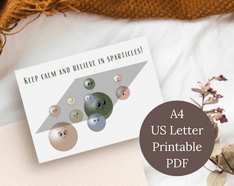 Printable greeting card, Particle physics, quantum physics, particles and sparticles, Supersymmetry, Hand-drawn, A4 and US Letter