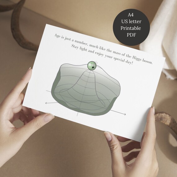 Particle physics printable birthday card, quantum physics, Higgs boson, Hand-drawn, A4 & US Letter, 4 card sizes