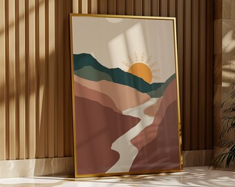 Boho Terracotta Sun & Mountain Landscape Print (Digital Download)