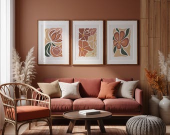 Boho Wall Art Set of 3, Terracotta Floral Prints, Abstract Flower Wall Art, Neutral Botanical Gallery Wall, Scandinavian Printable Art