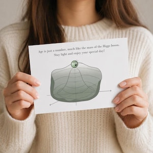 Tarjeta de cumpleaños imprimible sobre física de partículas, física cuántica, bosón de Higgs, dibujada a mano, tamaño A4 y carta (EE. UU.), 4 tamaños.