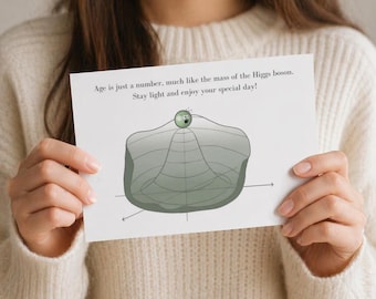 Particle physics printable birthday card, quantum physics, Higgs boson, Hand-drawn, A4 & US Letter, 4 card sizes