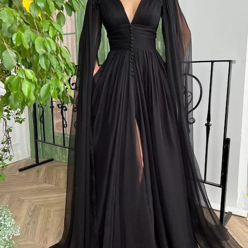 Black Chiffon Dress With High Slit Long Sleeves Evening - Etsy