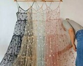 Pink Starry Mesh Tulle dress Summer fishnet mesh shirt star embroidered mesh dress glitter stars sheer beach dress black summer dress
