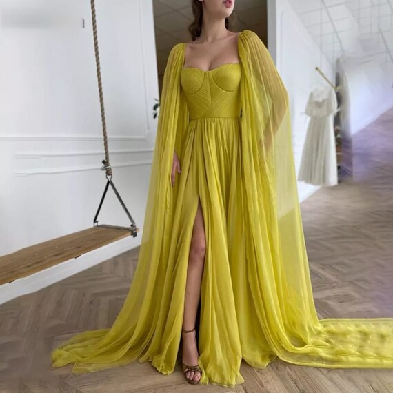 Chartreuse Chiffon Dress With Cape/ 90s Corset Prom Dress/ - Etsy
